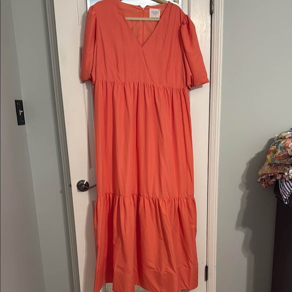 Casual Pink and Orange Puff Sleeve Maxi Sundress